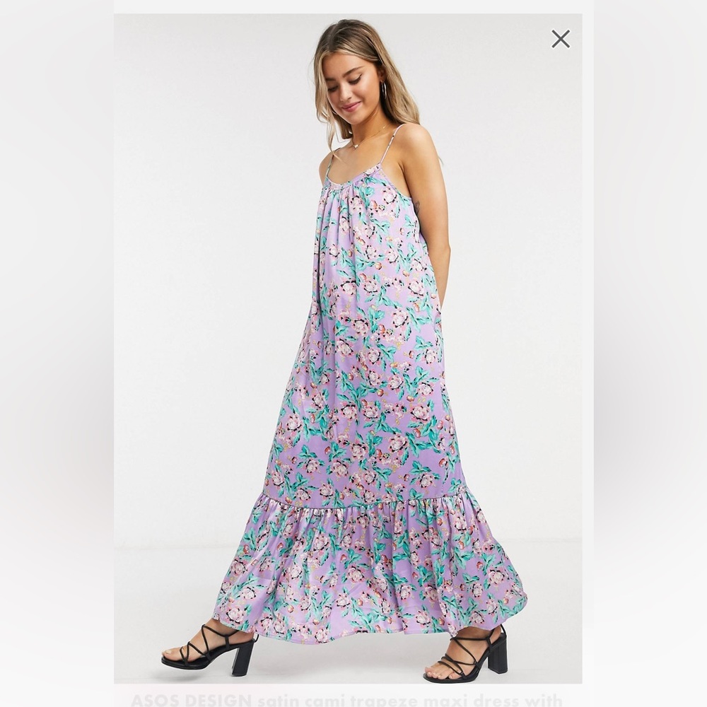 ASOS DESIGN satin cami trapeze maxi dress with pep hem in lilac based floral